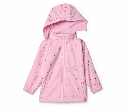 Rosa Kinderjacke mit Kapuze und Reißverschluss, verziert mit Sternen und Kometen.