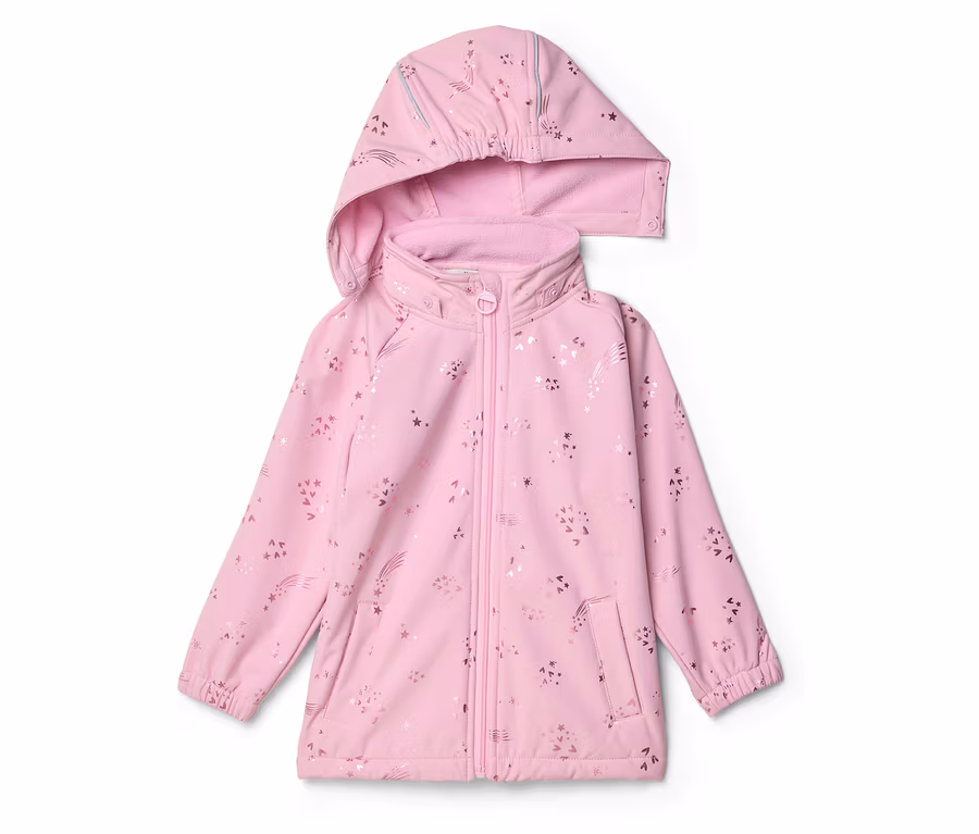 Rosa Kinderjacke mit Kapuze und Reißverschluss, verziert mit Sternen und Kometen.