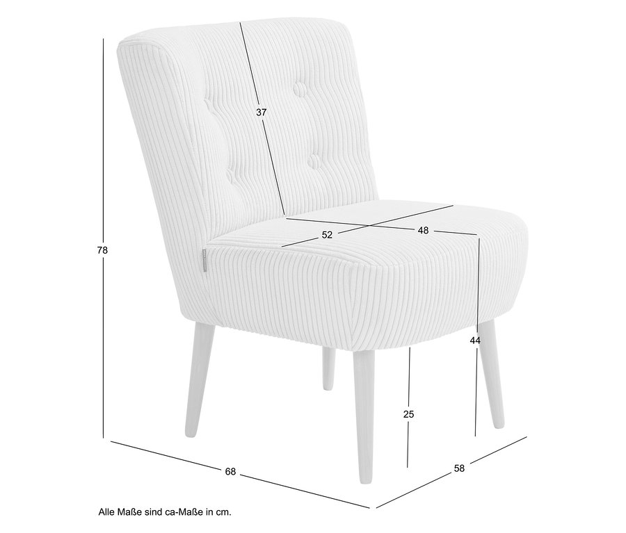 Abmessungen eines weißen Cordstuhls mit Zahlenangaben in Zentimetern.