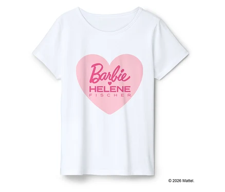 Weißes T-Shirt mit rosafarbenem Herzaufdruck, der 'Barbie HELENE FISCHER' zeigt.