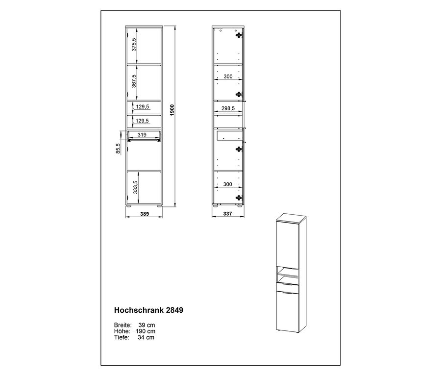 Technische Zeichnung eines Hochschranks 2849 mit den Maßen 39 cm Breite, 190 cm Höhe und 34 cm Tiefe.