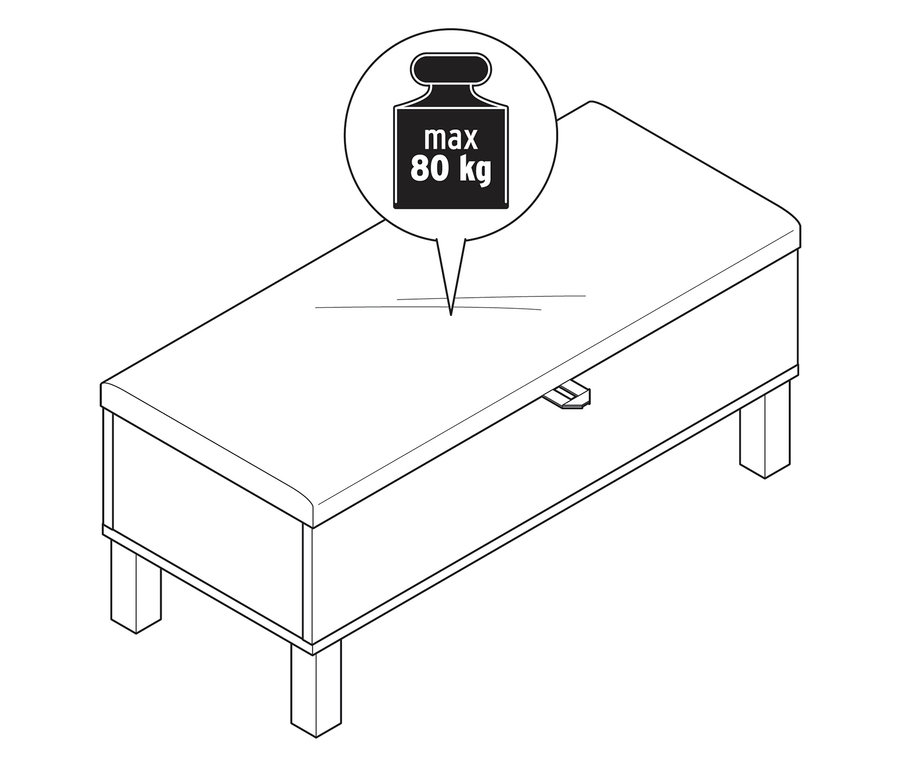 Illustration einer Kinderstauraumbank »Leira« mit Polsterdeckel, mit einer Gewichtsangabe von maximal 80 kg.