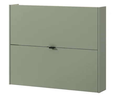 Ein grüner Schuhschrank mit zwei Fächern und einem schwarzen Griff ist an der Wand befestigt.