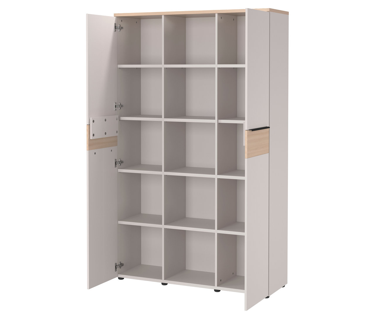 Geöffneter, großer, grauer Aktenschrank »Oviedo« mit hellbraunen Akzenten und mehreren Regalfächern.