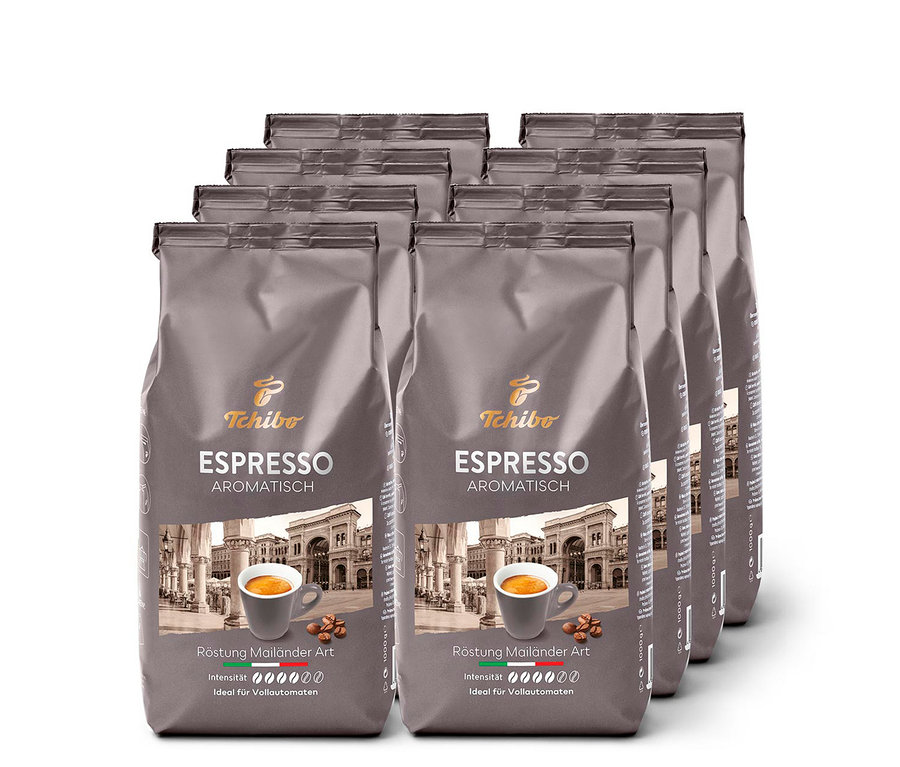 Acht Packungen Espresso Aromatisch - 8x 1 kg Ganze Bohne, in Reihen angeordnet.