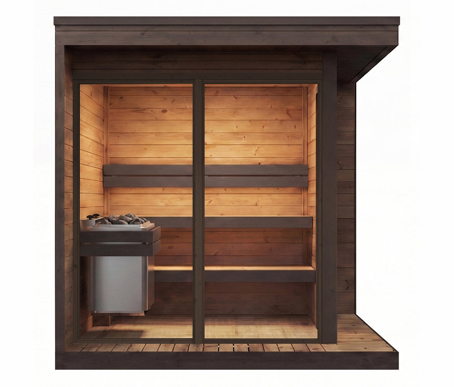 Ein Weka Thermoholz-Saunahaus Viira Gr. 2 mit dunklem Holz außen und hellem Holz innen, Glasfront, Saunaofen und zwei Holzbänken.