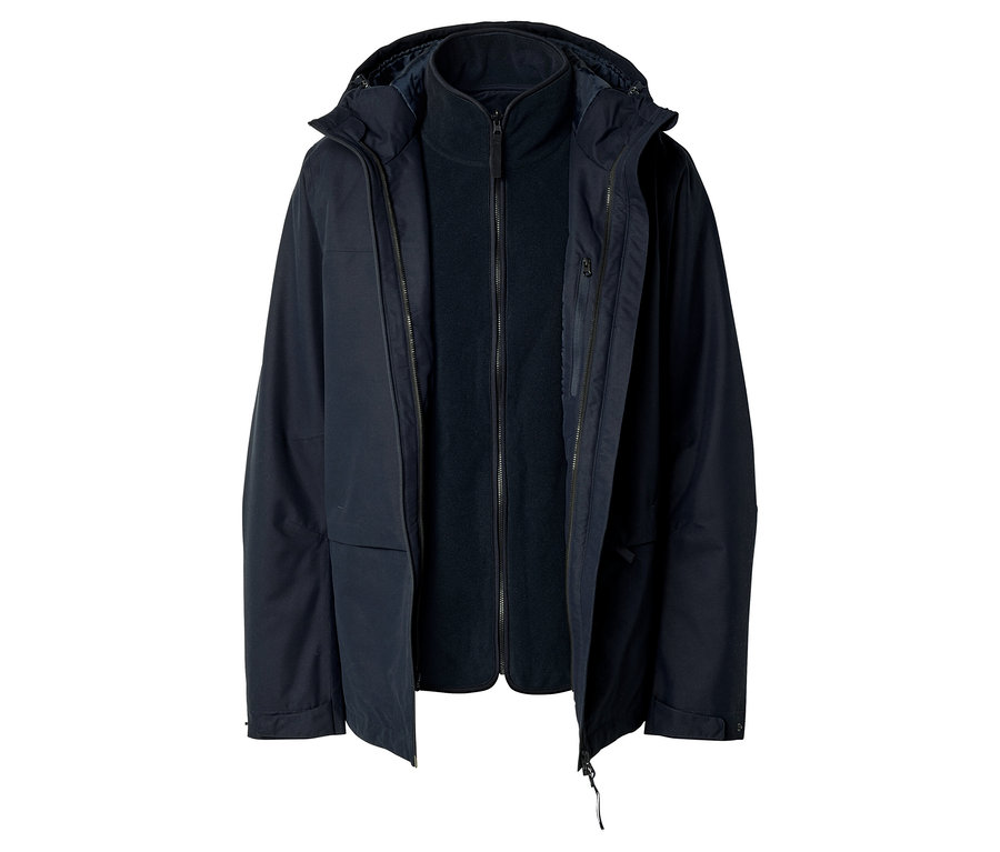 Eine dunkelblaue 3-in-1-Jacke, deren Außenjacke teilweise geöffnet ist und eine dunkelblaue Fleece-Innenjacke zeigt. Die Jacke hat eine Kapuze und ist auf weißem Hintergrund abgebildet.