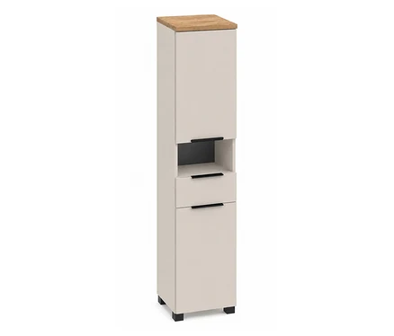 Beiger Hochschrank »Saga« mit Holzplatte, einer Tür, offenem Fach und zwei Schubladen mit schwarzen Griffen.