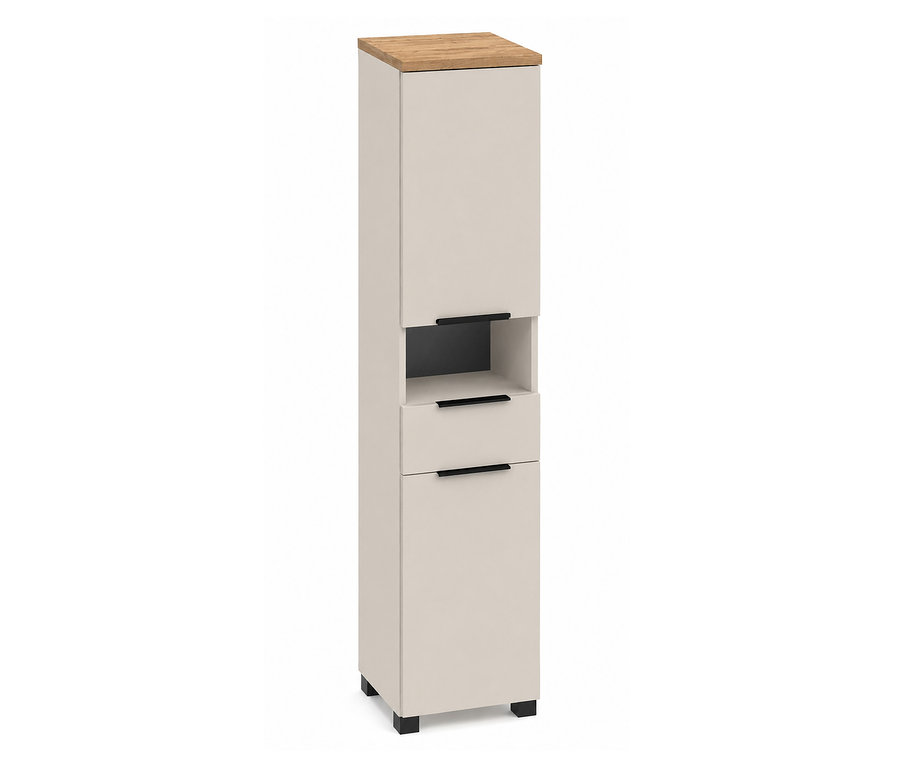 Beiger Hochschrank »Saga« mit Holzplatte, einer Tür, offenem Fach und zwei Schubladen mit schwarzen Griffen.
