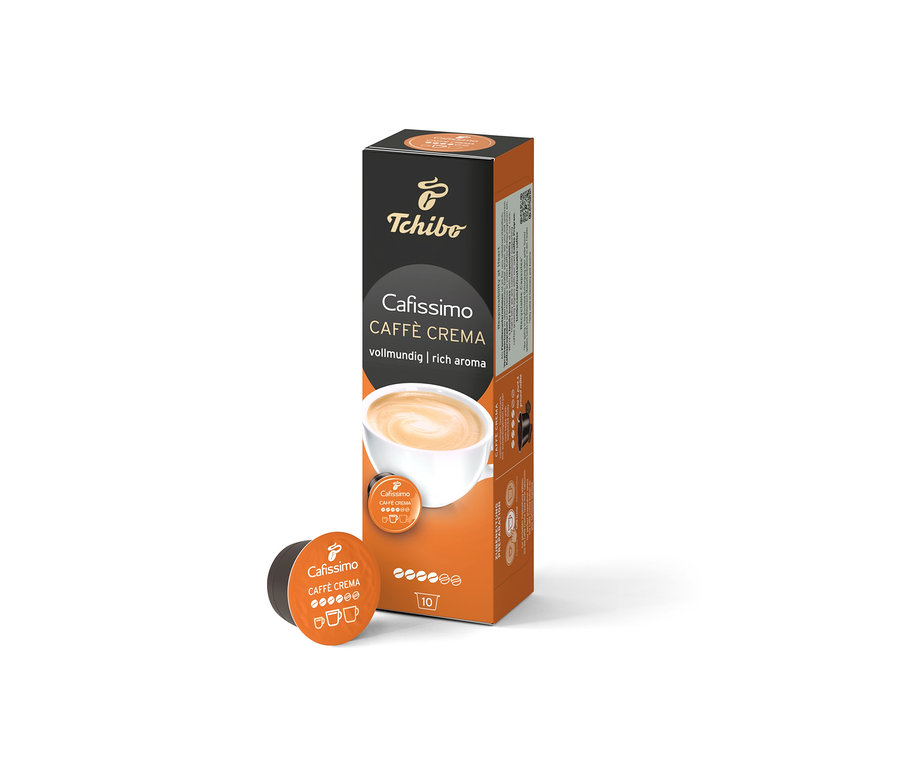 Eine Packung Cafissimo Caffè Crema vollmundig und eine Kapsel sind zu sehen. Die Packung ist Teil des Best of Cafissimo 30 Kapseln.