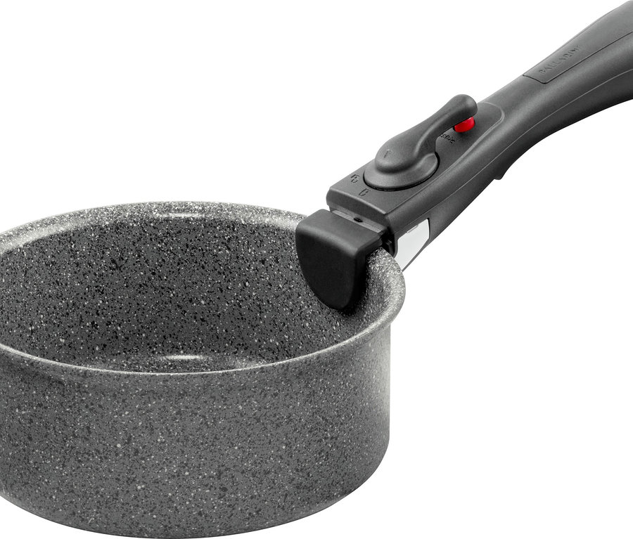 Grauer Topf mit gesprenkelter Oberfläche und abnehmbarem schwarzem Griff mit rotem Knopf und Hebel.