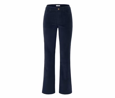 Dunkelblaue Cord-Hose im Bootcut-Stil.