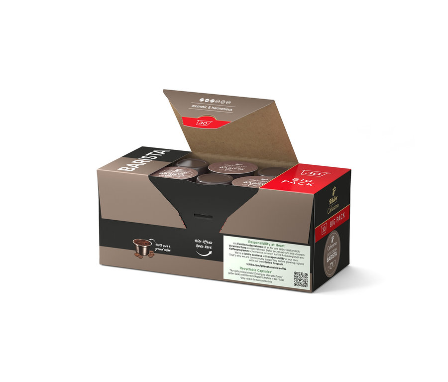 Geöffnete braune Tchibo Cafissimo Barista Kaffeekapsel Großpackung mit 30 Kapseln.