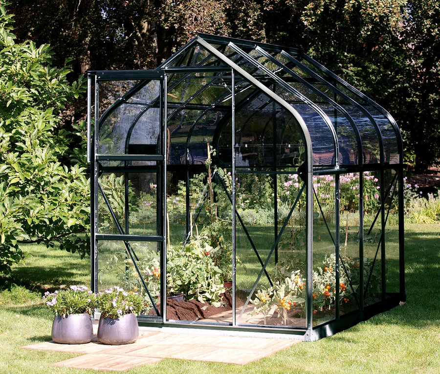 Gemüsegarten mit Tomatenpflanzen im Vitavia-Gewächshaus Orion 5000.