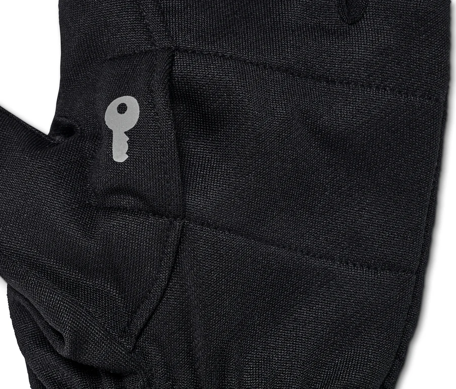 Detailaufnahme eines schwarzen 2-in-1-Laufhandschuhs mit Tasche.