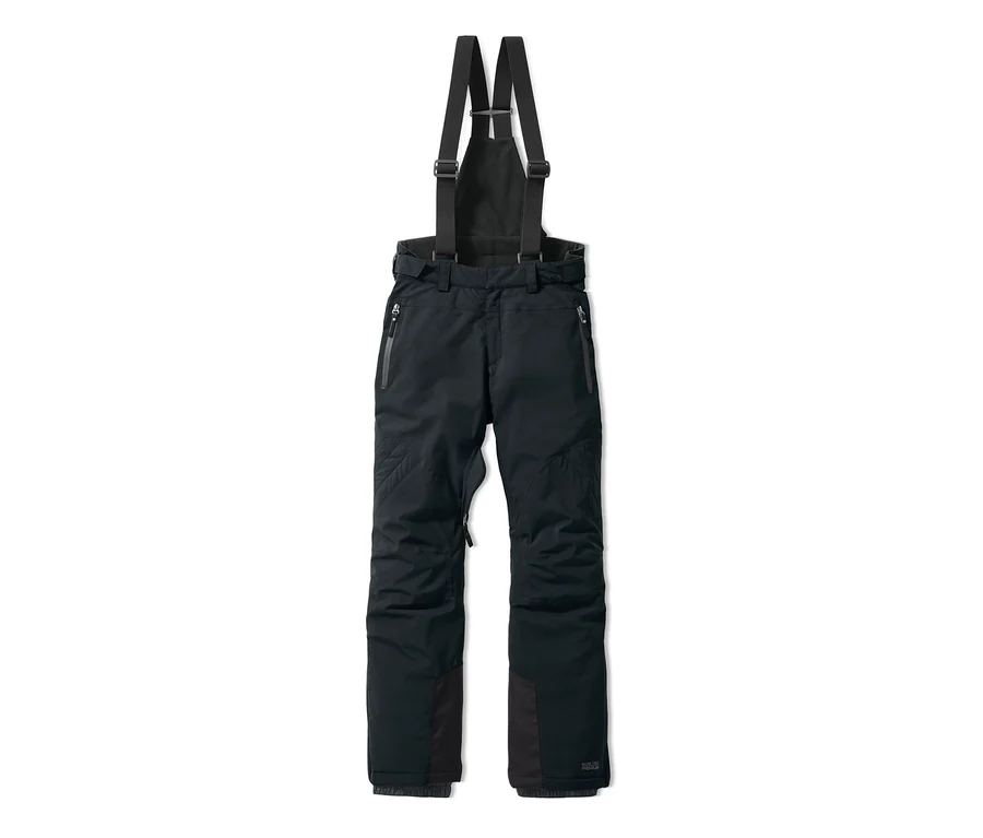 Schwarze Softshell-Skihose mit Hosenträgern.