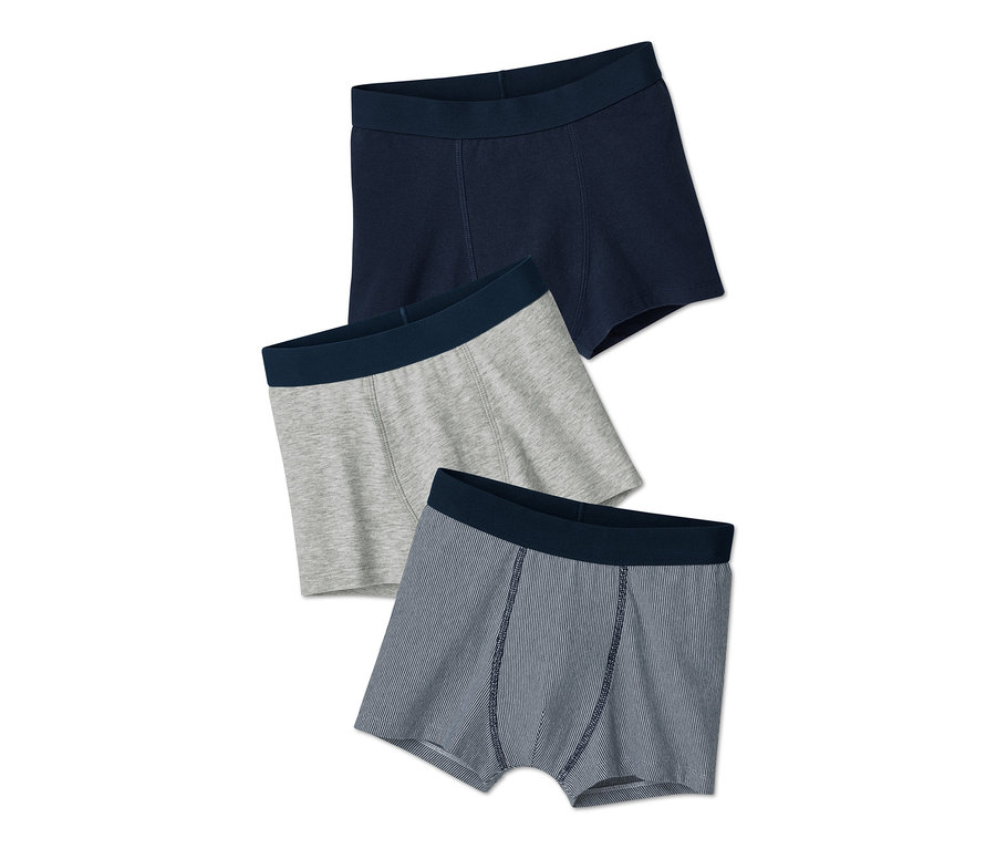 Drei Slipboxer: eine dunkelblaue, eine graue und eine blau gestreifte.