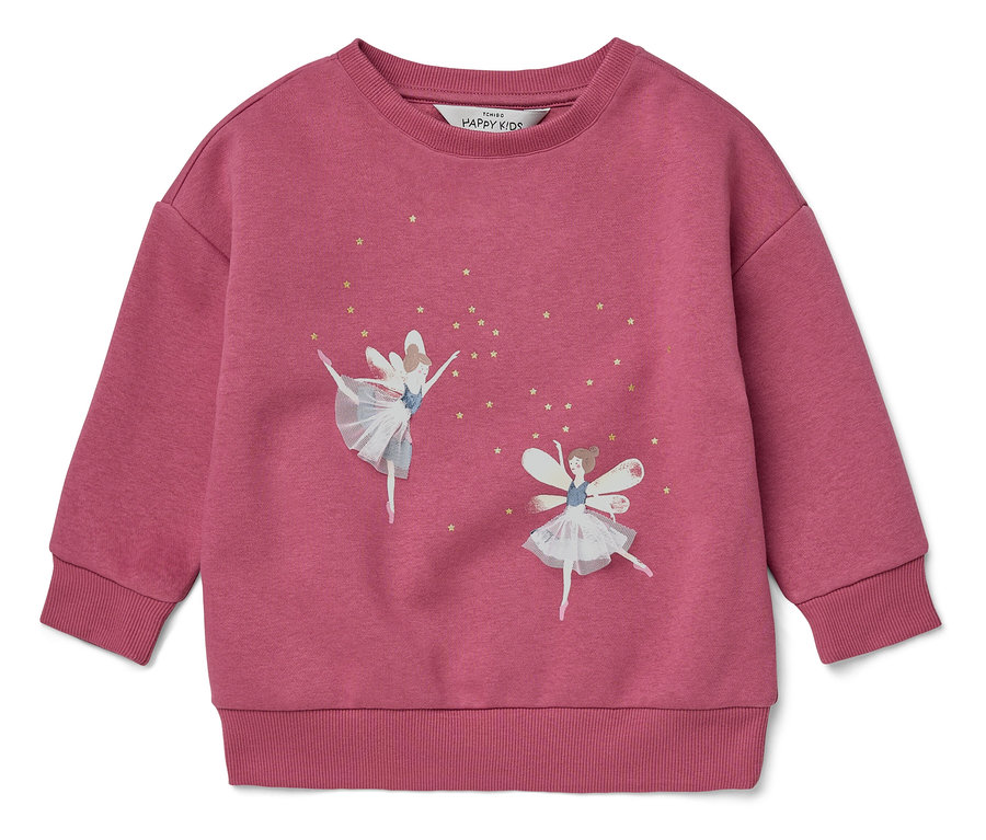 Rosa Sweatshirt mit Abbildungen von zwei Balletttänzerinnen und goldenen Sternen.