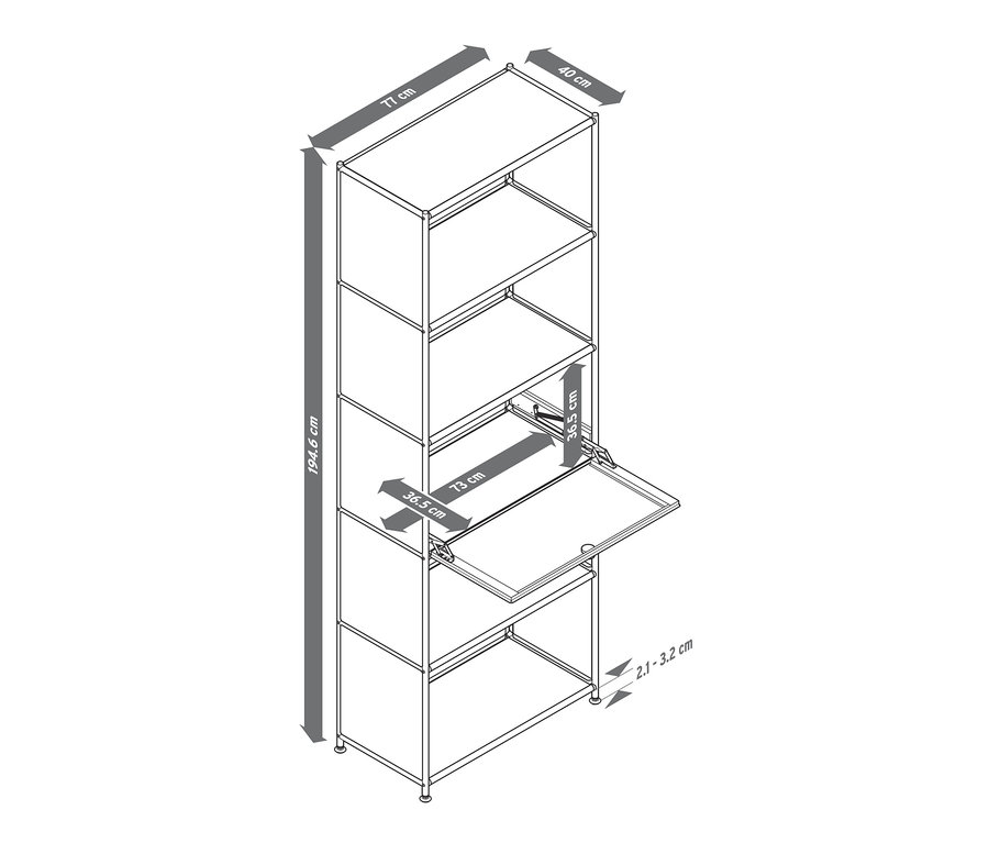 Illustration eines hohen Regals Metall »CN3« mit Klappenfach und Abmessungen.