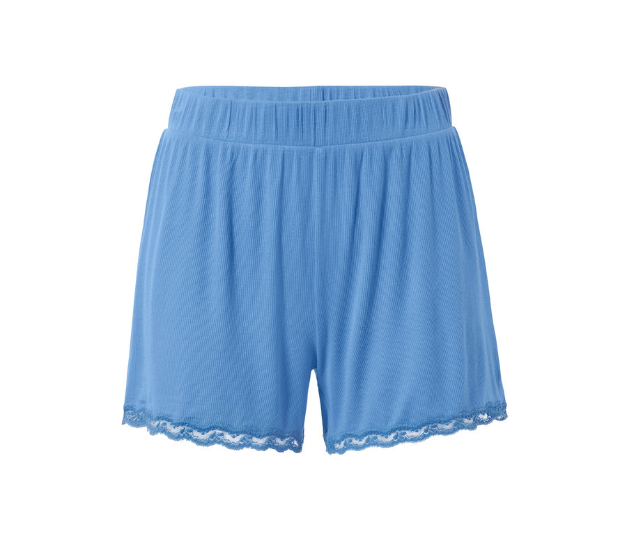 Blaue, gerippte Shorty-Pyjama mit elastischem Bund und Spitzenbesatz.