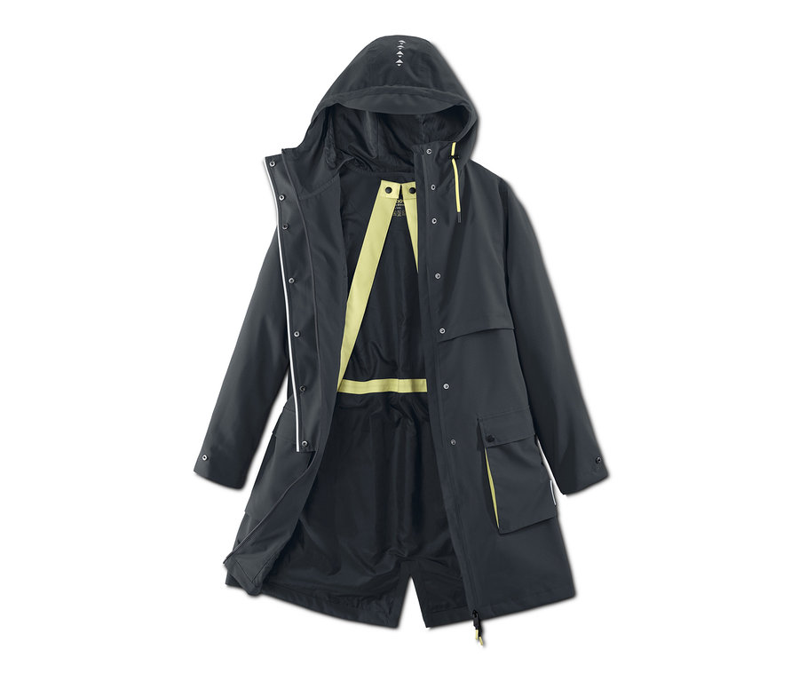 Geöffneter, dunkelgrauer Funktions-Regenparka mit Kapuze.