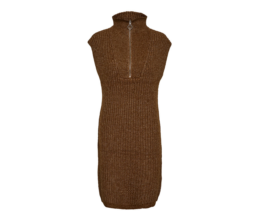 Ein braunes Strickkleid mit kurzen Ärmeln und einem Reißverschluss am Hals.