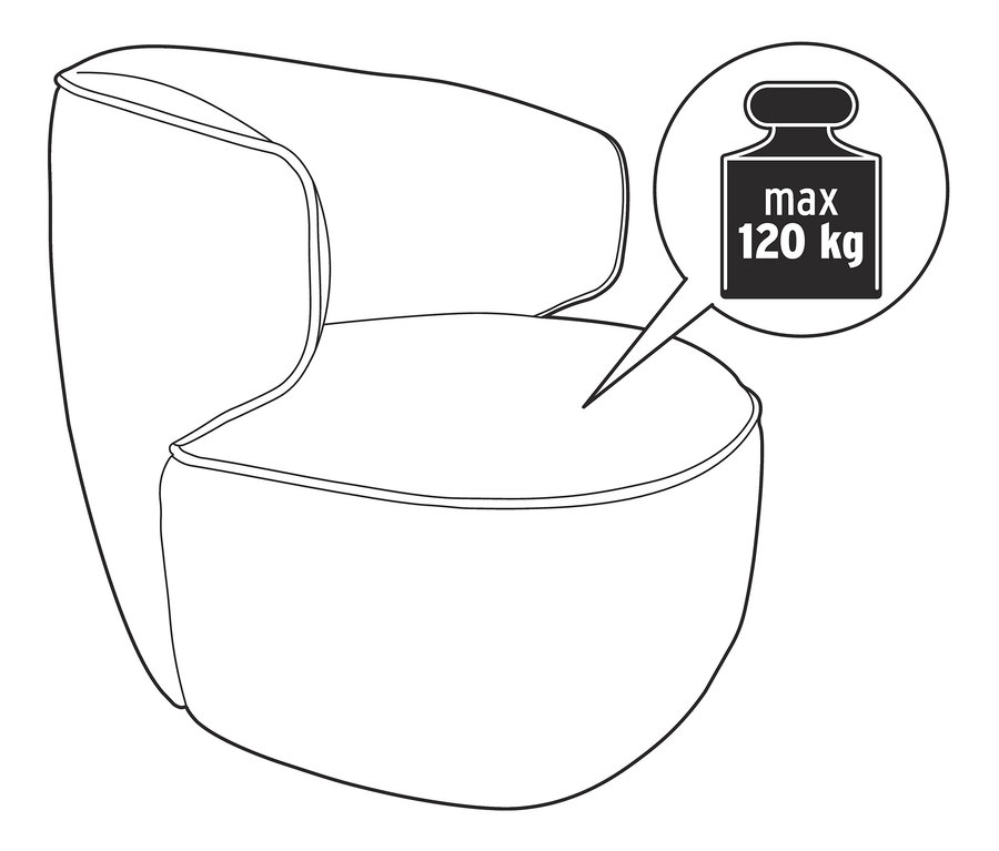 Skizze eines drehbaren Sessels mit einer maximalen Belastbarkeit von 120 kg.