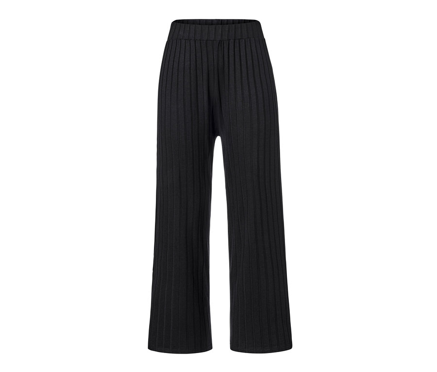 Schwarze Jerseyhose mit vertikalem Rippmuster.