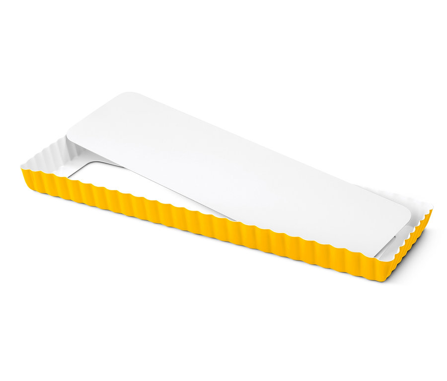 Gelbe Tarteform mit weißem Boden.