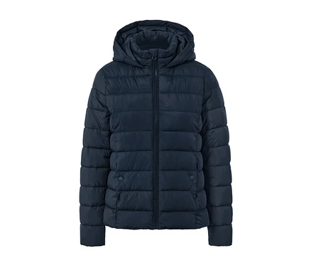 Dunkelblaue Steppjacke mit Kapuze.