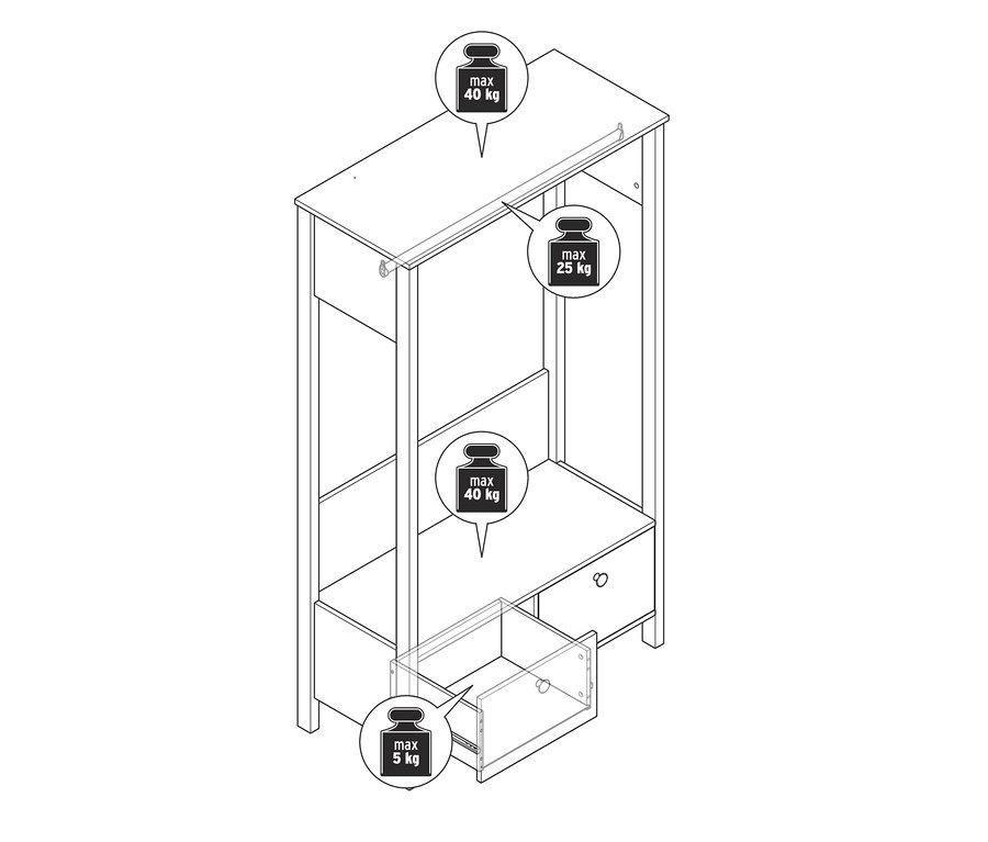 Skizze einer Garderobe mit großen Schubladen und einer maximalen Tragfähigkeit von 5 bis 40 kg.