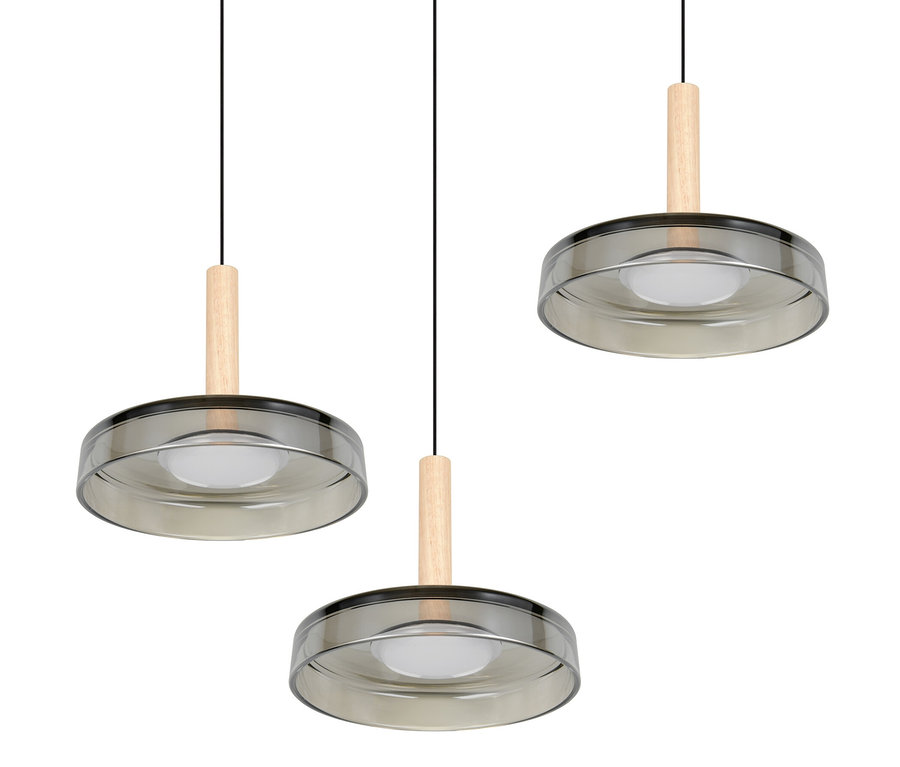 Drei Trio LED-Pendelleuchten »Celeste« mit Holzelementen und grauen Lampenschirmen.