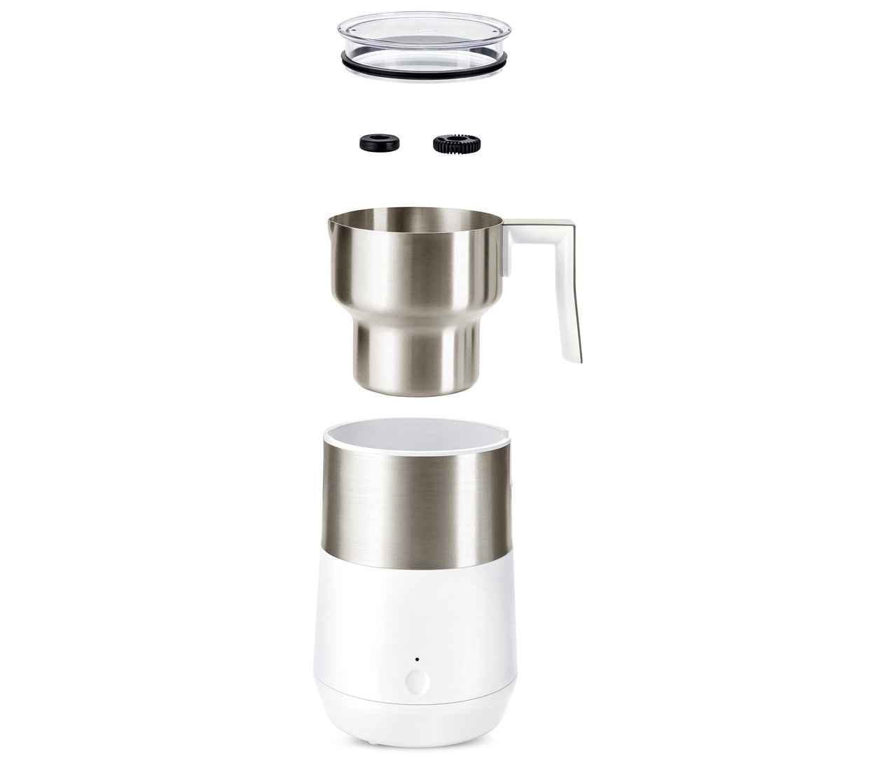 Ein zerlegter Induktions-Milchaufschäumer in Cremeweiß und Weiß.