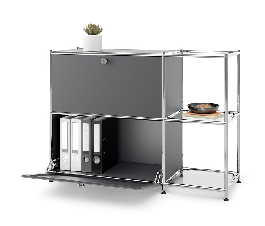 Graues Sideboard Metall »CN3« mit 2 Klappenfächern, Ordnern innen und Pflanze oben drauf.