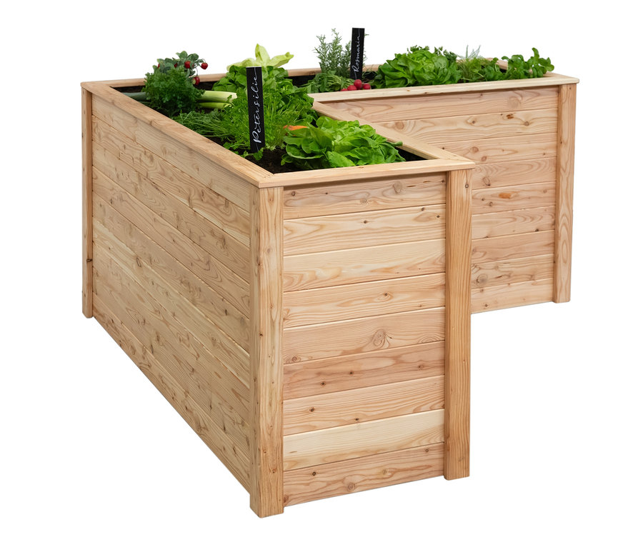 L-förmiges Hochbeet aus Lärchenholz mit Pflanzen, Kräutern und Erdbeeren.