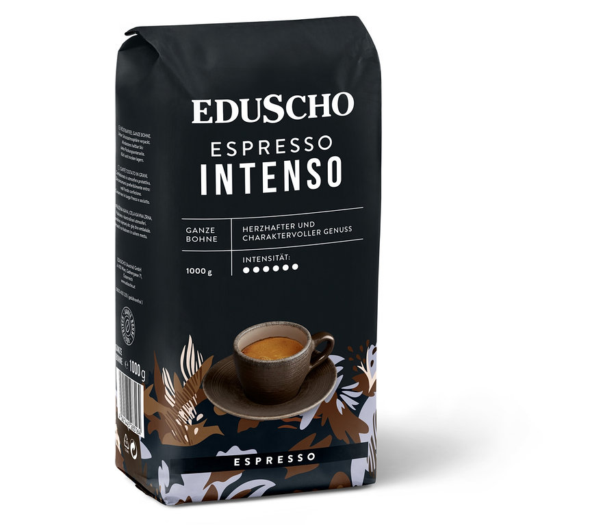 Eine Packung Eduscho Espresso Intenso Ganze Bohne.