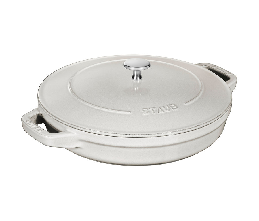 Nahaufnahme des weißen STAUB Kochtopf-Sets »La Cocotte«, 3-teilig mit Deckel und silbernem Griff.