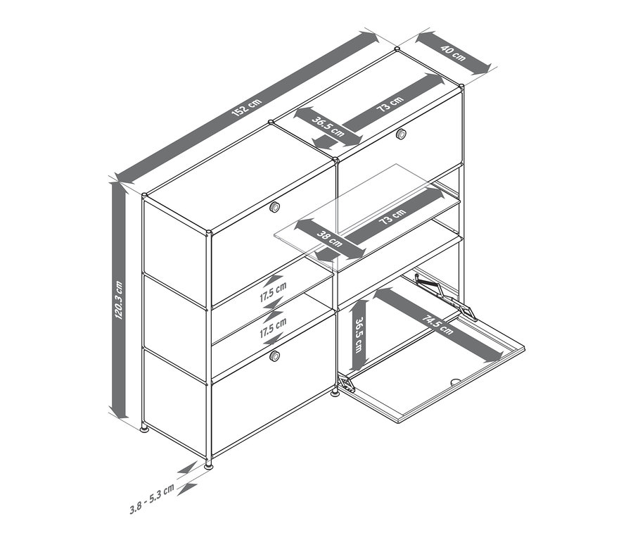 Skizze einer Kommode Metall »CN3« mit 4 Klappenfächern.