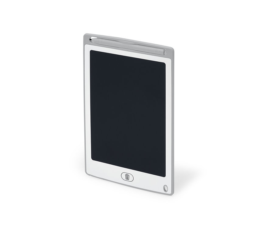 Eine LCD-Schreibtafel mit grauem Rahmen und Stift.