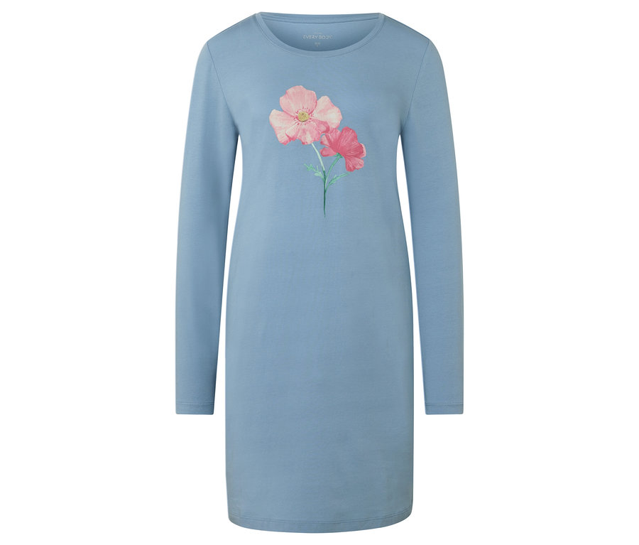 Blaues Nachthemd mit Blumenmuster.