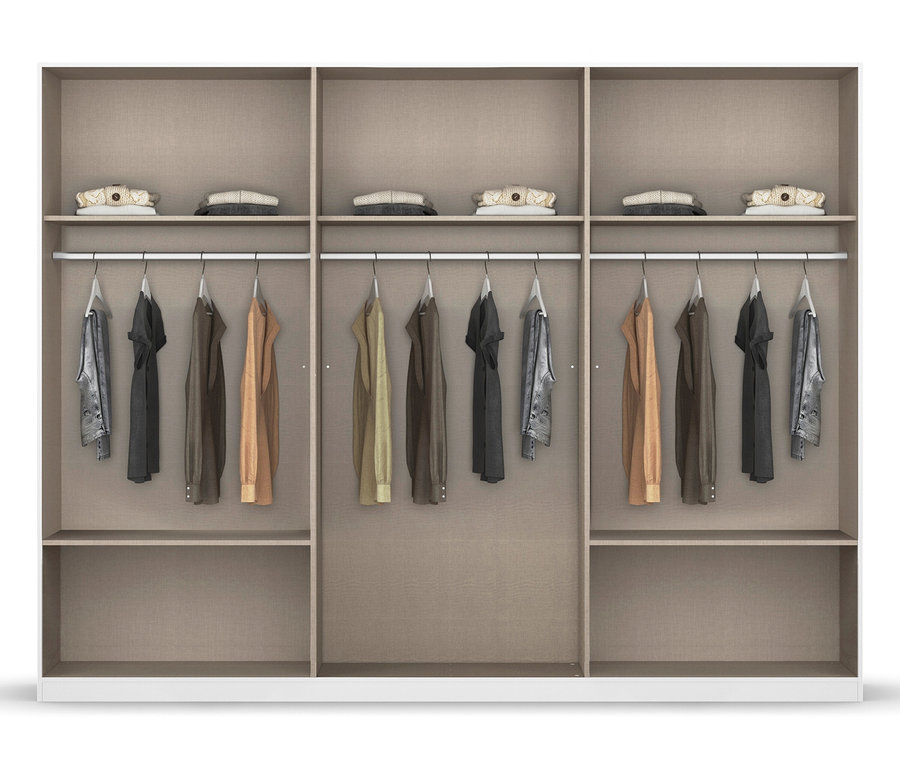 Offener Rauch Drehtürenschrank "Skandi" 6-türig mit vier Schubladen, beige/champagner mit Kleidung.