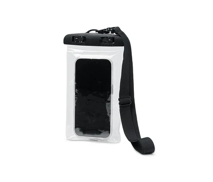 Eine wasserdichte Smartphone-Hülle mit einem schwarzen Handy darin und einem schwarzen Riemen.