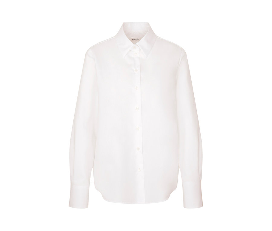 Weisse, bügelfreie Seidensticker Bluse mit langen Ärmeln und Kragen.