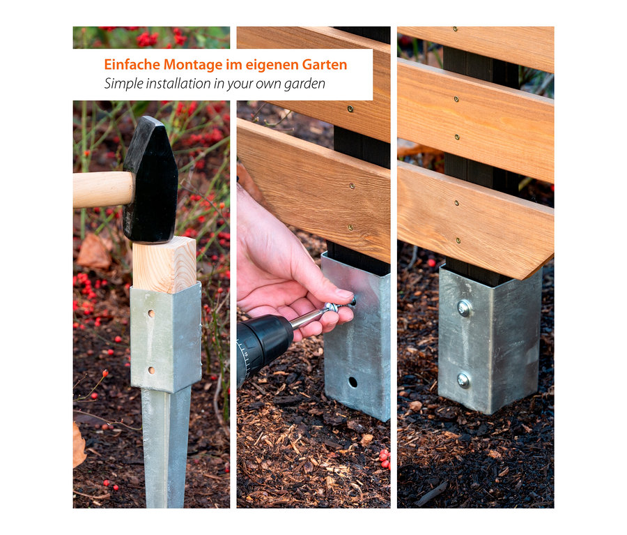 Montage des Design-Rankgerüsts »Komplexus« im Garten.