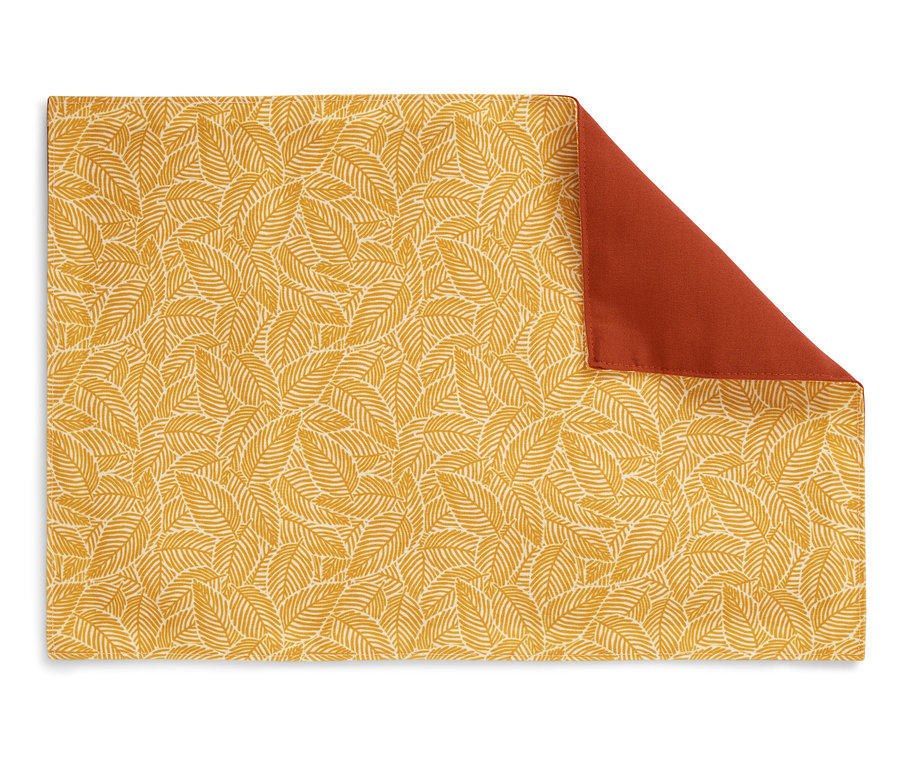 Rechteckiger Tischset mit goldenem Blattmuster und brauner Rückseite.