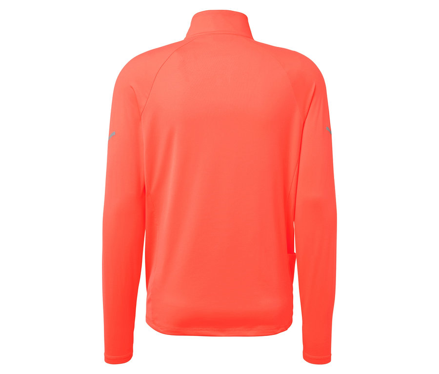Rückansicht eines korallenroten, langärmeligen Trainingsshirts mit Reißverschluss.