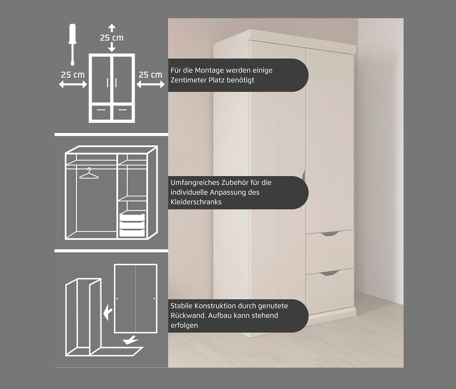 Diagramme zeigen die Montage und Innenausstattung des beigen, 3-türigen Kleiderschranks »Frieda« mit 2 Schubladen.