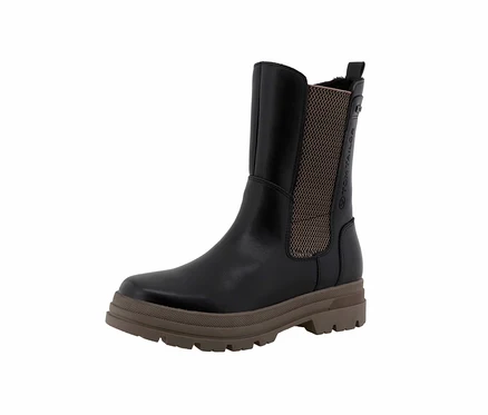 Schwarze Tom Tailor Stiefelette mit farbiger Sohle.