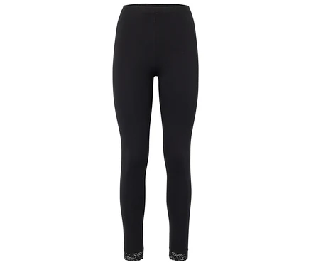 Schwarze Leggings mit Spitzenbesatz am Beinabschluss.