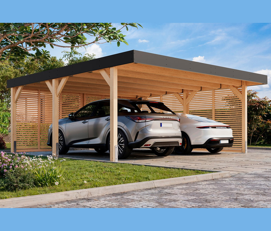 Zwei Autos parken unter einem Karibu Doppel-Carport.